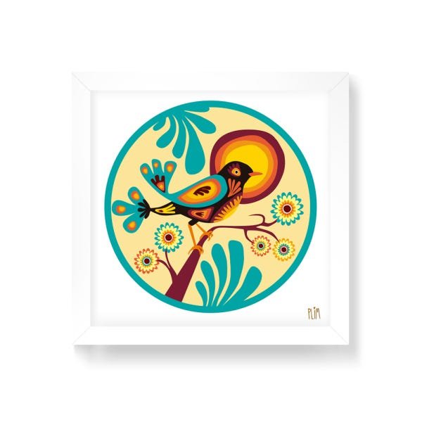 Quadro Decorativo Passarinho Plim Sol - 20x20cm (Moldura em laca branca) - Arte Maníacos - 1
