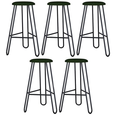 Kit 05 Banquetas Baixa Bar Cozinha Sala de Jantar Áris C01 Preto Linho Verde Musgo - Lyam Decor