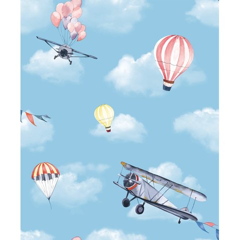 PAPEL DE PAREDE KANTAI HELLO KIDS - BALÃO E AVIÃO AZUL CLARO