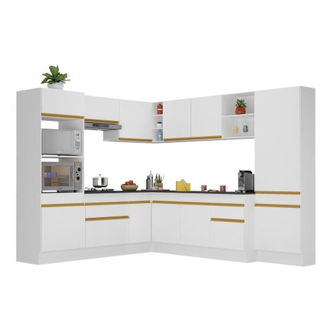 Armário de Cozinha Completa de Canto com Rodapé Veneza Multimóveis V2082 Branco/Dourado