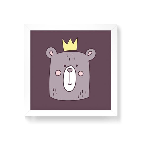 Quadro Decorativo Urso Rei - 30x30cm (Moldura em laca branca) - Arte Maníacos - 1