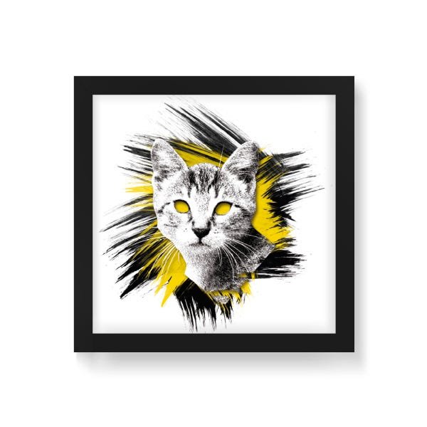 Quadro Decorativo Gato Colagem Fundo Branco - 50x50cm (Moldura em laca preta) - Arte Maníacos - 1