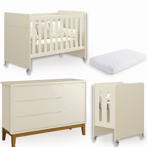Quarto de Bebê Berço Evolution + Cômoda 1 Porta 3 Gavetas Classic Areia + Colchão