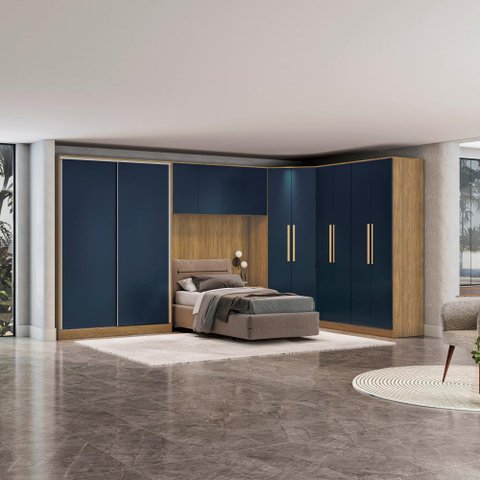 Guarda Roupa Quarto Modulado Solteiro Adapt  5 Peças Nogueira/Azul Profundo 418cm x 263cm - Kappesberg