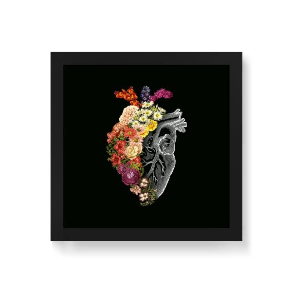 Quadro Decorativo Coração Floral - 20x20cm (Moldura caixa em laca preta) - Arte Maníacos - 1