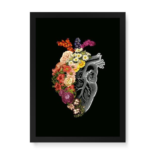 Quadro Decorativo Coração Floral - 46x32,5cm (Moldura caixa em laca preta) - Arte Maníacos - 1