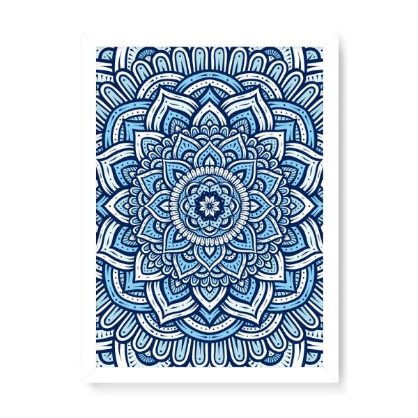 Quadro Decorativo Mandala Azul - 46x32,5cm (Moldura em laca branca) - Arte Maníacos - 1