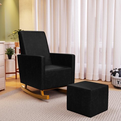 Poltrona de Amamentação com Balanço e Puff Ravena W01 Couríssimo Preto - Lyam Decor