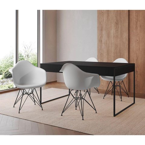 Mesa Jantar Industrial Preta 137X90Cm Com 4 Poltronas Brancas Base Ferro Pre Cor: Preto