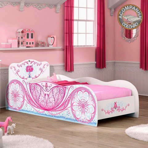 Cama Infantil Carruagem Branco Rosa Móveis Estrela + Colchão Gazin