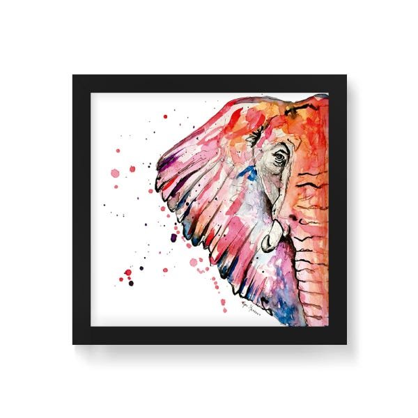 Quadro Decorativo Elefante Color - 20x20cm (Moldura em laca preta) - Arte Maníacos - 1
