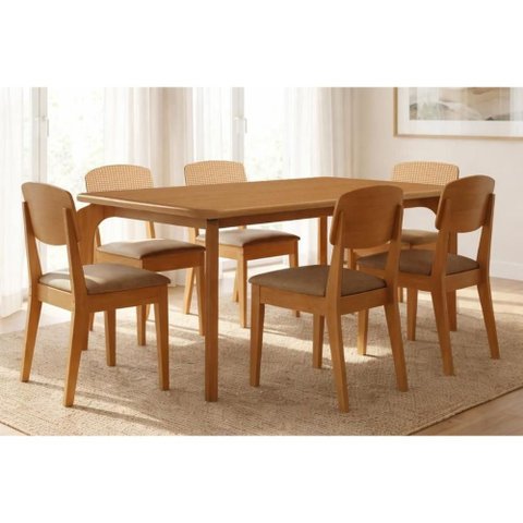Conjunto: Mesa de Cozinha Londrina Tampo Curvo 180cm+6 Cadeiras Havana Naturale - Linho Capuccino -