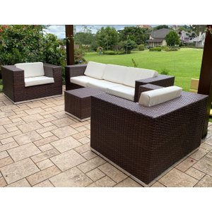 Conjunto de Sofá Fibra Sintética Quadrado - 1 Sofá 3l + 2 Poltronas + 1 Mesa Centro - Tecido Duna Cr