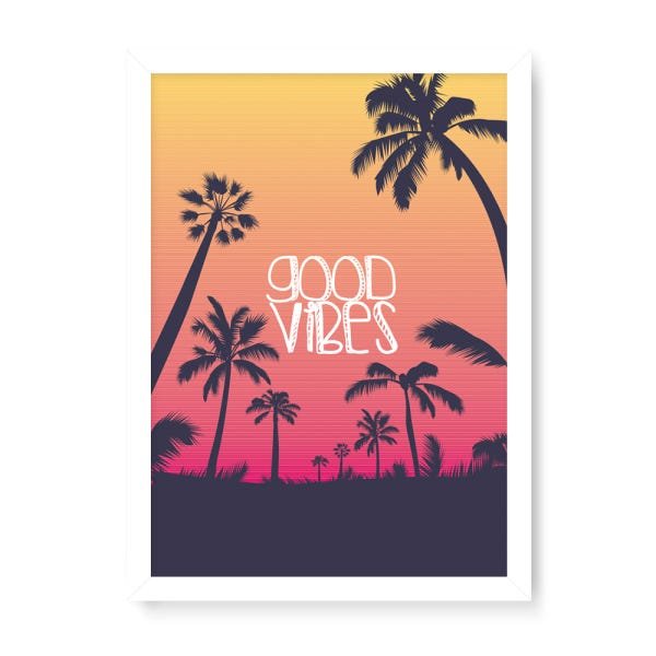 Quadro Decorativo Coqueiros Good Vibes - 23x16,25cm (Moldura caixa em laca branca) - Arte Maníacos - 1