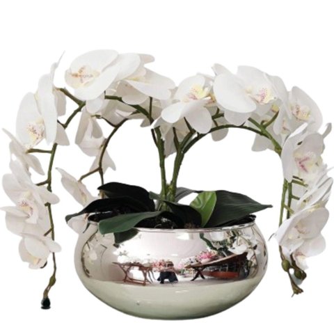Arranjo de Mesa com 4 Flores Orquídeas Brancas Vaso Prata