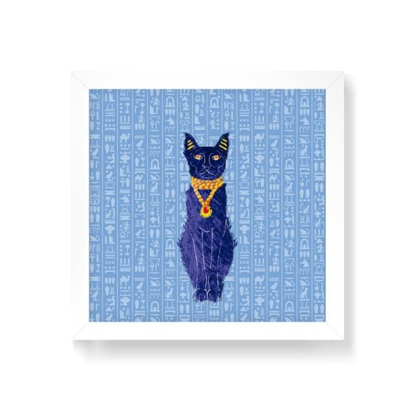 Quadro Decorativo Gato Egípcio - 50x50cm (Moldura em laca branca) - Arte Maníacos - 1