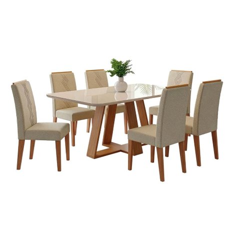 Conjunto Sala de Jantar Mesa Tampo em Vidro 1,60m Maria 6 Cadeiras Tati
