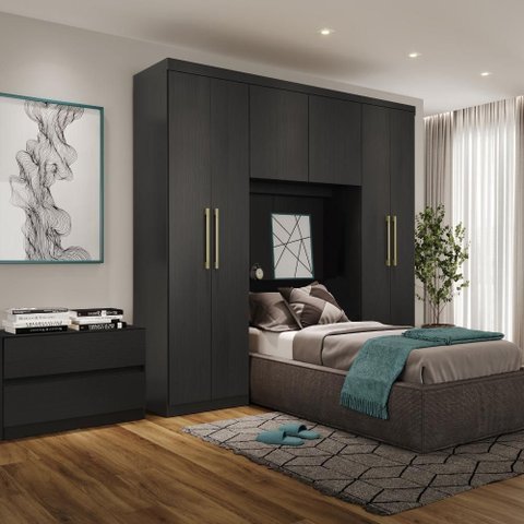 Guarda Roupa Solteiro 6 Portas 2 Gavetas Porto Preto com Cabeceira