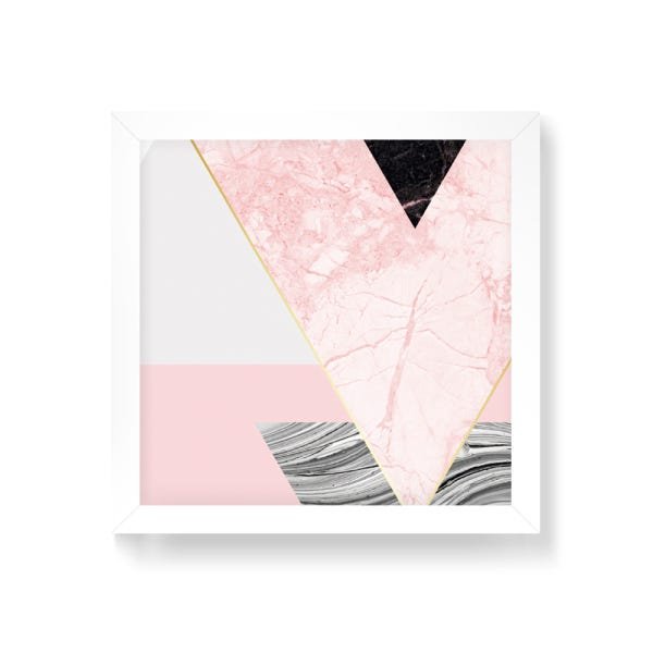 Quadro Decorativo Geométrico Triângulos Mármore Rosa - 50x50cm (Moldura em laca branca) - Arte Manía - 1