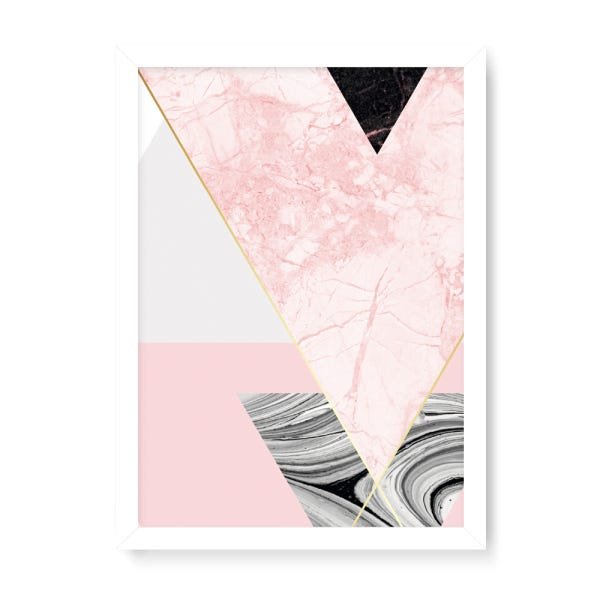 Quadro Decorativo Geométrico Triângulos Mármore Rosa - 23x16,25cm (Moldura caixa em laca branca) - A - 1