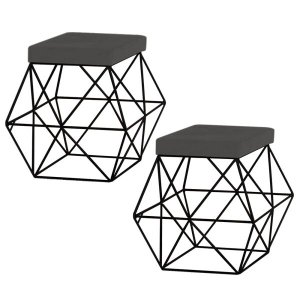 Kit 2 Puffs Decorativo Sala de Estar Base Preto Trixie Suede Cinza - Gran Belo