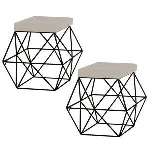 Kit 2 Puffs Decorativo Sala de Estar Base Preto Trixie Suede Bege - Gran Belo