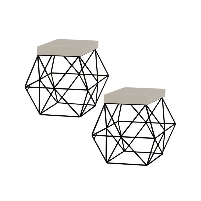 Kit 2 Puffs Decorativo Sala de Estar Base Preto Trixie Suede Bege - Gran Belo