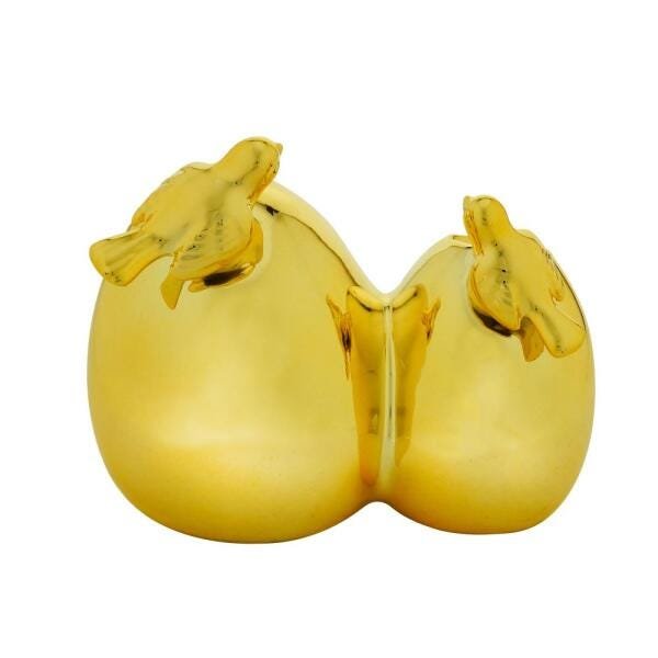 VASO DECORATIVO PORCELANA DUPLO PÁSSAROS DOURADO 15x10x12cm - 1