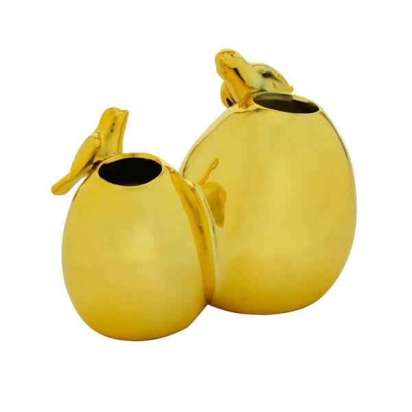 VASO DECORATIVO PORCELANA DUPLO PÁSSAROS DOURADO 15x10x12cm - 3
