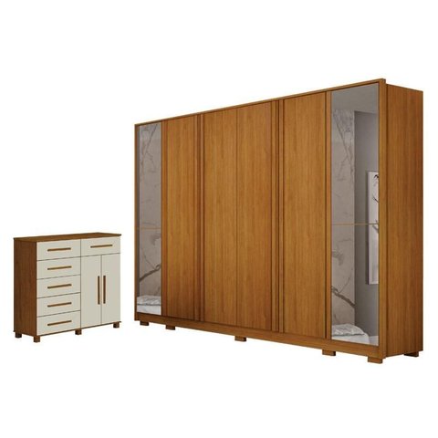 Guarda Roupa Casal Ares 6 Portas com Espelho Cinamomo com Cômoda São Paulo 6 Gavetas 2 Portas Cinamo