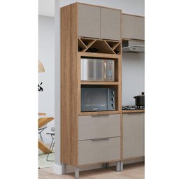 Armário Alto Microondas Forno Multiuso 2 Portas 2 Gavetas Torre Quente Adega Cozinha Marrom Cinza - 1