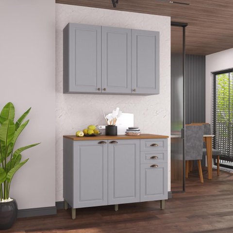 Armário Cozinha Modulada Compacta Americana 100% MDF 120cm Provence Multimóveis Crink-CPT002 Cinza