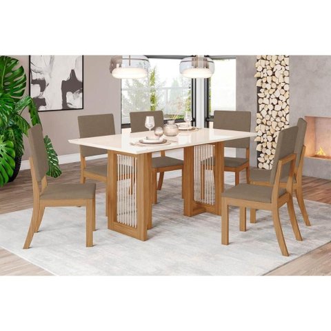 Conjunto: Mesa Sala Jantar Yara Sc79 Tampo Madeirado C/ Vidro Canto Curvo 160x90cm e 6 Cadeiras