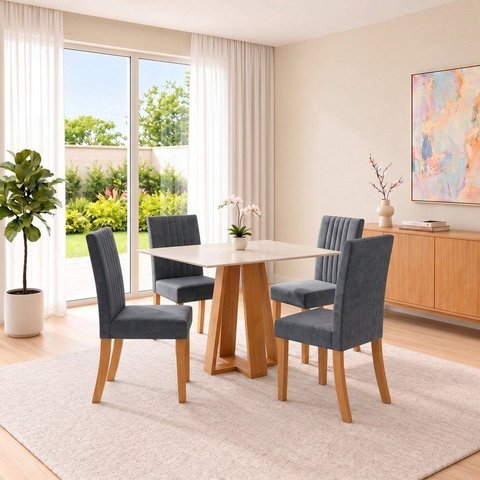 Conjunto Sala de Jantar Mesa Lisa 90cm com Tampo MDF Canto Reto 4 Cadeiras Lily