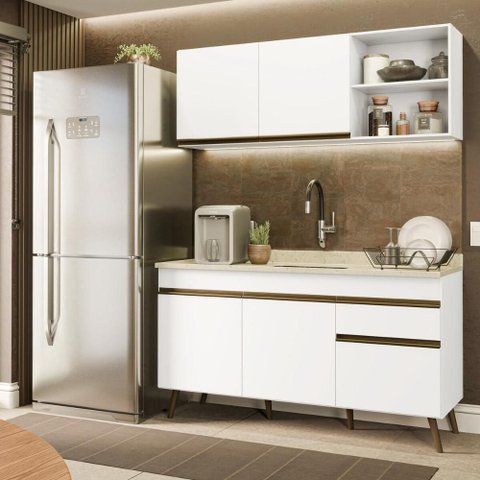 Armário Cozinha Modulada Compacta Balcão com Pia 150cm Florença Multimóveis MCR2468 Branco/Creme