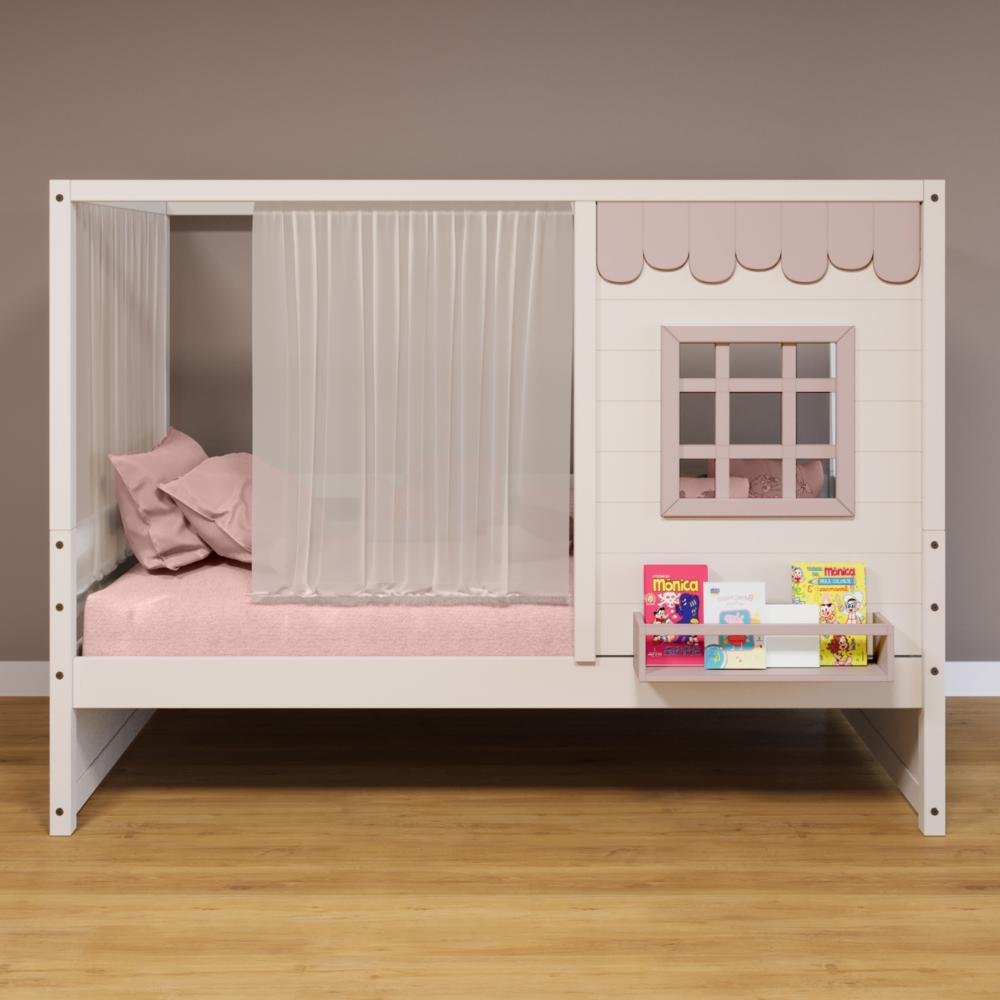 Cama Casinha Reta com Cortina Madeira Maciça Branco/ Rosa Housin