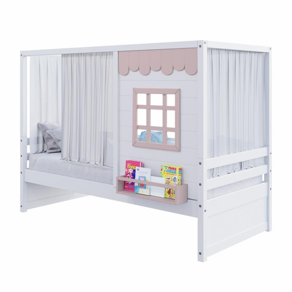 Cama Casinha Reta com Cortina Madeira Maciça Branco/ Rosa Housin - 2