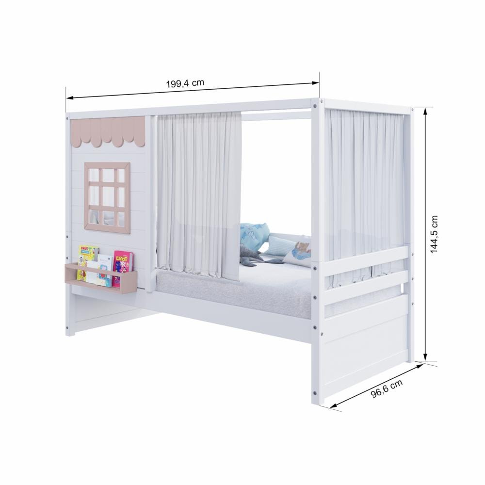 Cama Casinha Reta com Cortina Madeira Maciça Branco/ Rosa Housin - 4