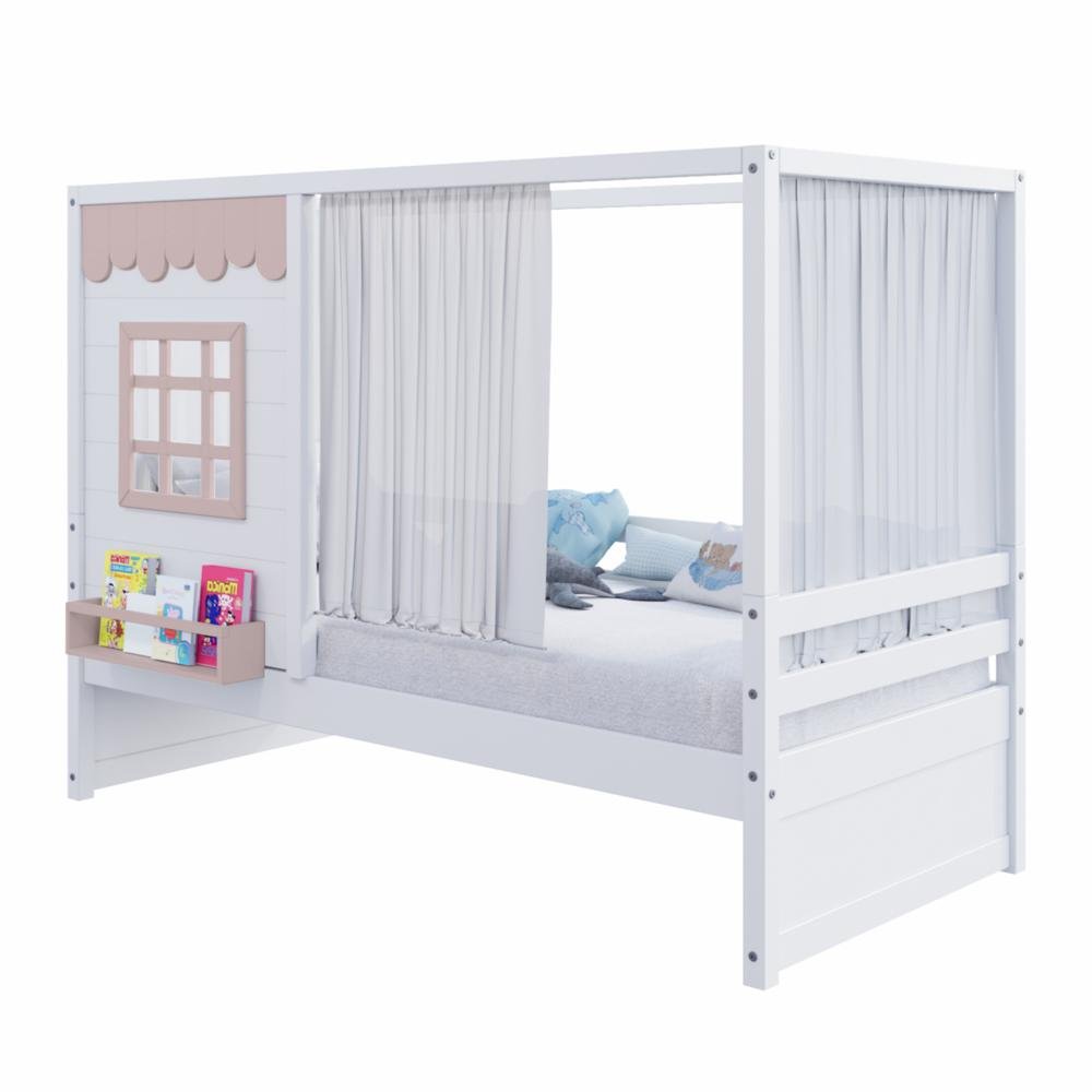 Cama Casinha Reta com Cortina Madeira Maciça Branco/ Rosa Housin - 5