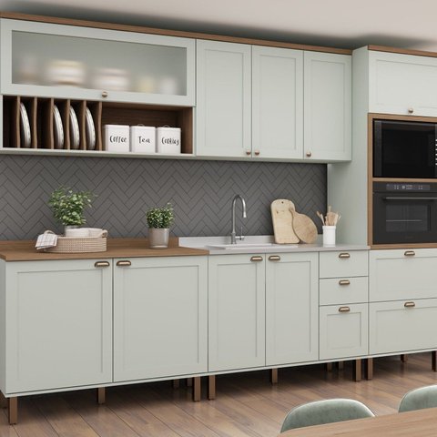 Cozinha Completa Modulada 5 Módulos Iluminata Verde/Mint/Ébano
