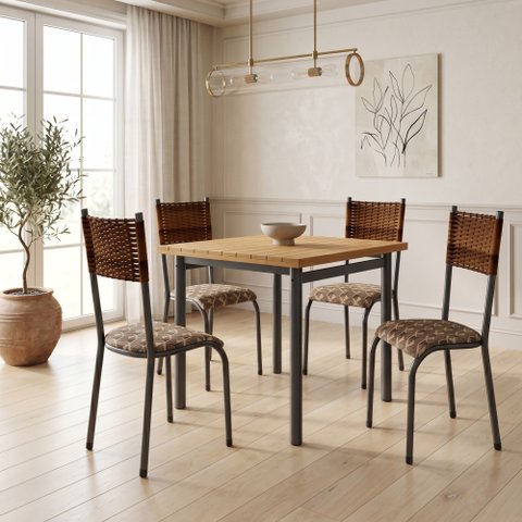 Conjunto Sala de Jantar 4 Cadeiras Madeira Maciça Ripada Mariana Prata/Freijó