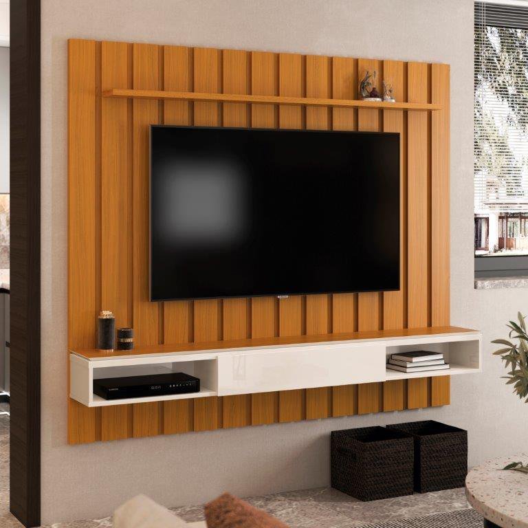 Painel Ripado Modular 1.80 Para TV Até 75 Polegadas 1 Nicho 1 Prateleira 1  Porta Nature/Off White - Lidecor Móveis & Decoração