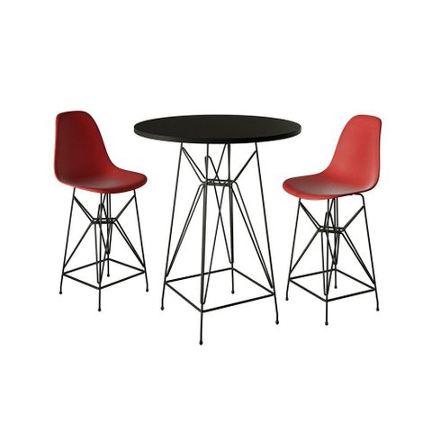 Jogo Mesa Bistrô Eames Preta 60Cm 2 Banquetas Vermelha Base Ferro Preto - Cor: Preto