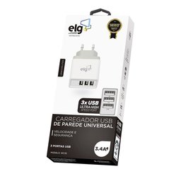 Carregador de Parede Universal Bivolt 3 Saídas USB 3.4A (2x1A e 2.4A) para Carga Rápida - WC3S ELG - 3 Carregador de Parede Universal Bivolt 3 Saídas USB 3.4A (2x1A e 2.4A) para Carga Rápida - WC3S ELG - 3