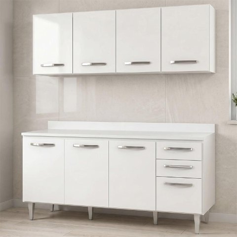 Armário Aéreo Panamá e Balcão Gabinete 160cm com Tampo Áustria Branco - Lumil