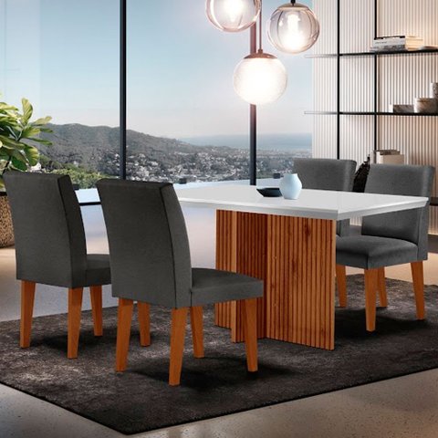 Sala de Jantar Mesa Olimpia 120 Tampo em Mdf Canto Copo com 4 Cadeiras Grecia