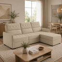 Ver imagem 1 de Sofá Fixo com Puff 3 Lugares Veludo Soft 230cm Conforto Plus Bege