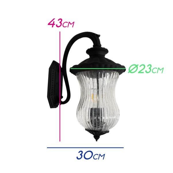 Arandela Colonial Preta 43cm Metal Vidro + 2 LED 110V St1726 - 2