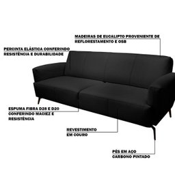 Sofá 3 Lugares Sala de Estar Frances Confort Couro Preto - Gran Belo - 2