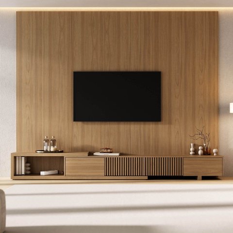 Rack Extensível Ripado com Painel TV 86 Polegadas Planejado 280x230cm Aruá CabeCasa MadeiraOriginals Marrom